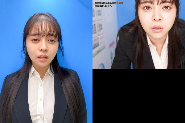 ここで撮影した写真を貼れば絶対合格するというピストンバイブ証明写真ボックス2リクルートスーツの女子大生がどんなに突かれても笑顔をキープ来訪者H.Nさん:イメージ画像