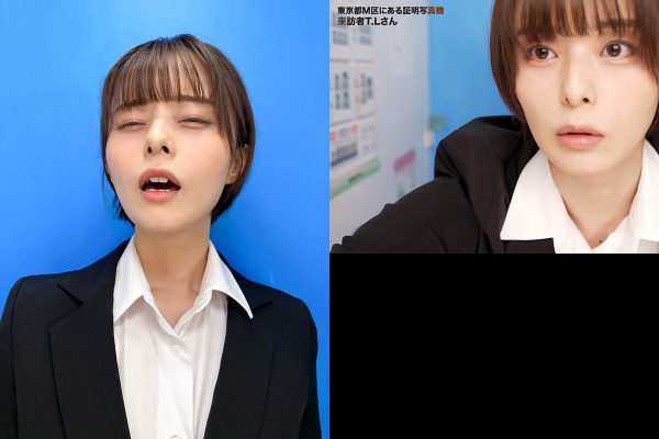 ここで撮影した写真を貼れば絶対合格するというピストンバイブ証明写真ボックス2リクルートスーツの女子大生がどんなに突かれても笑顔をキープ来訪者T.Lさん:イメージ画像
